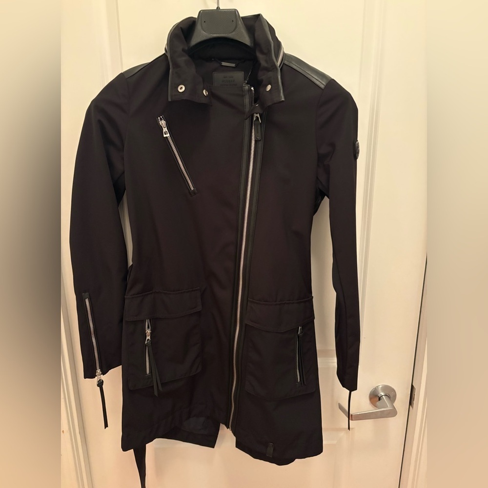 RUDSAK Moira Black Belted Jacket Hidden Hood Leather Trim Size XS - Picture 2 of 16